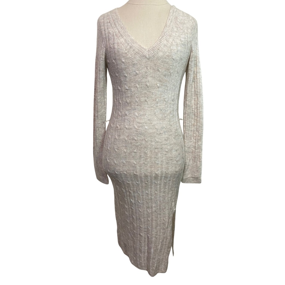 Abercrombie & Fitch Small Tall Oatmeal Cable Knit V Neck Midi Sweater Dress ST